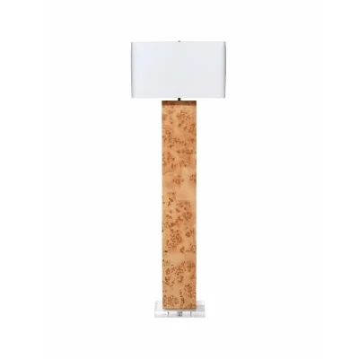 Parallel Floor Lamp In Natural Burl Wood W/ A Rounded Rectangle Shade In White Linen