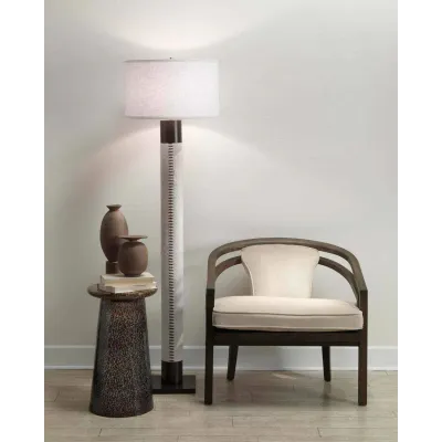 Sheridan Floor Lamp In White Hide & Oil Rubbed Bronze W/ Drum Shade In White Linen