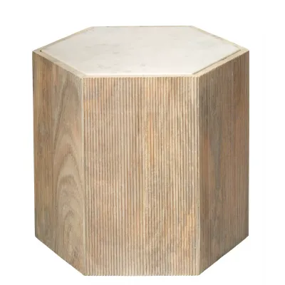 Argan Hexagon Table Natural Wood & White Marble Large