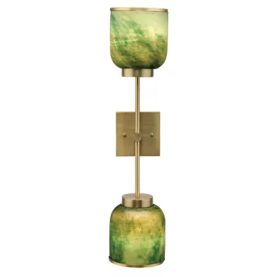 Vapor Double Sconce, Antique Brass and Aqua Metallic Glass