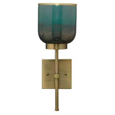 Vapor Single Sconce, Antique Brass and Aqua Metallic Glass