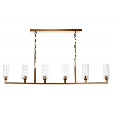 Linear 6-Light Steel Chandelier, Antique Brass