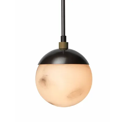 Metro Dome Shade Pendant In Faux White Alabaster And Oil Rubbed Bronze, With Antique Brass Accents
