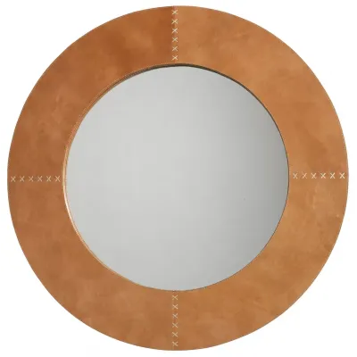 Round Cross Stitch Mirror, Buff Leather