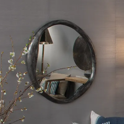 Organic Metal Round Mirror, Antique Grey