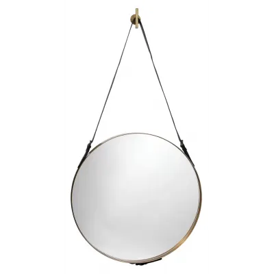 Round Steel Mirror, Antique Brass and Black Leather Strap