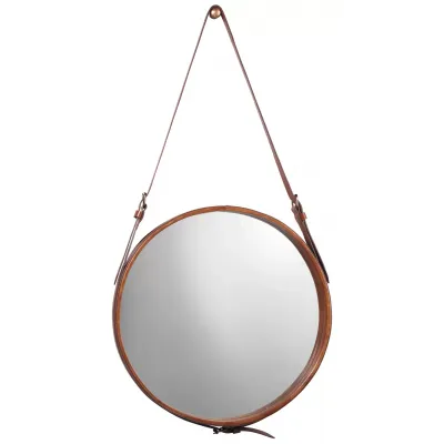 Large Round Steel Mirror, Brown Leather