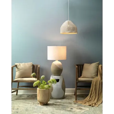 Hillside Table Lamp In White & Natural Ceramic  W/ Drum Shade In Off White Linen