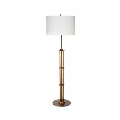 Marcus Floor Lamp In Antique Brass Metal W/ A Drum Shade In White Linen