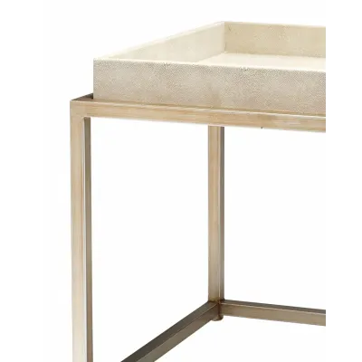 Jax Square Side Table Ivory Faux Shagreen and Antique Brass Metal