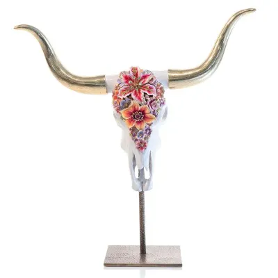 Kayden Cow Skull With Flowers Objet