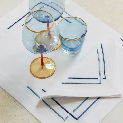Aquarelle White Linen/Light Blue-Blue Embroidered Table Linens