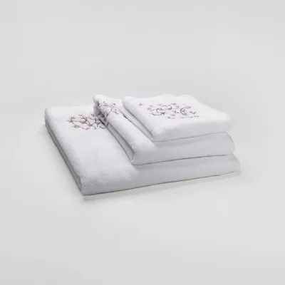Ikebana White/Pink Embroidered Bath Towels