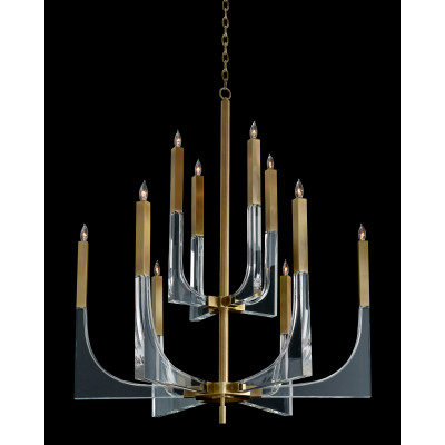 Acrylic and Brass Ten-Light Chandelier