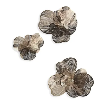 Golden Camellia Wall Art Set of 3 Bronze