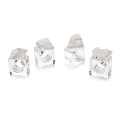 Set of Four White and Silver Geode Napkin Rings