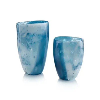 Set of Two Skies of Blue and Clouds of White Glass Vases