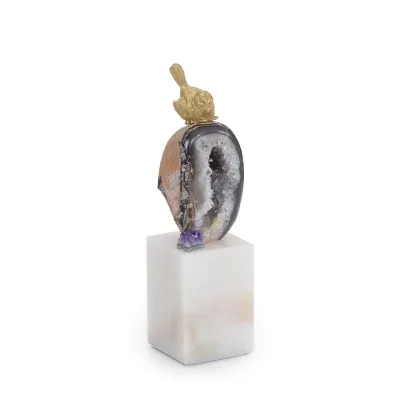 Brass Bird and Geode Sculpture II 9.75"H X 2.75"W X 2.75"D