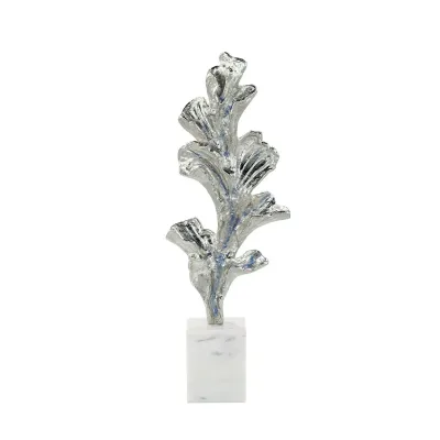 Gleaming Leaf Sculpture on Marble Base, Medium Silver