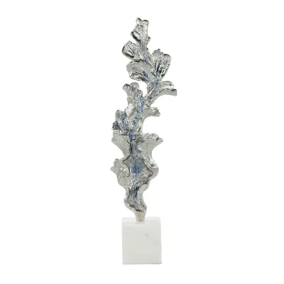 Gleaming Leaf Sculpture on Marble Base, Large Silver