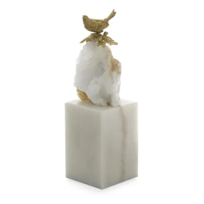 Brass Bird and Quartz Sculpture on Marble