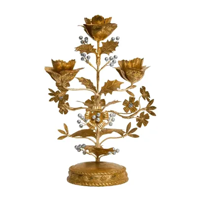 Forest Walk Gold/Silver Holly Centerpiece Candelabra 13"