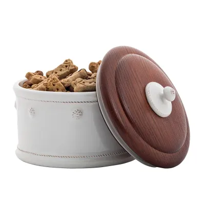 Berry & Thread Whitewash Dog Treat Canister with Wooden Lid