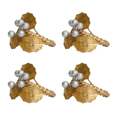 Forest Walk Gold/Silver Holly with Berries Napkin Ring Set of 4