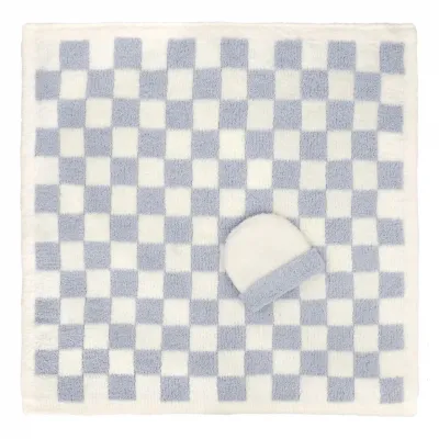 Baby Blanket Check with Cap Ice Blue/Crème 30" x 30"