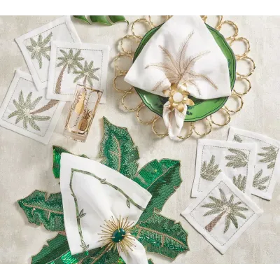 Palm Coast White/Green/Gold Cocktail Napkins, Set of Six