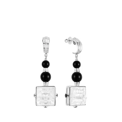 Arethuse Earrings Clear Crystal, Onyx, Silver, Pin Clasp System