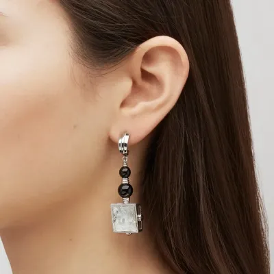 Arethuse Earrings Clear Crystal, Onyx, Silver, Pin Clasp System