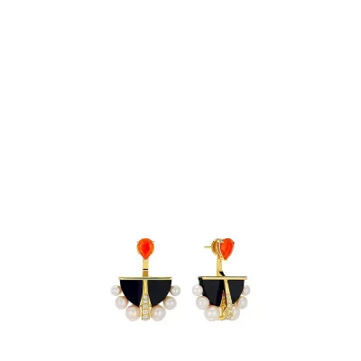 L'Oiseau De Feu Earrings, Small (Ear Jackets), Yellow Gold, Fire Opals, Diamonds, Cultured Pearls, Jade (Special Order)