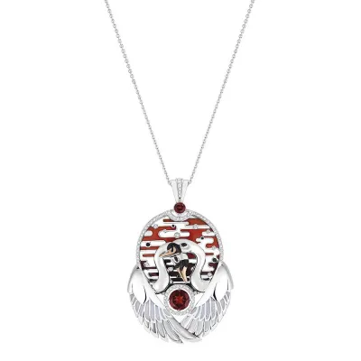 Cygnes Pendant, Large, White Gold, Rose Gold, Garnets, Onyx, Diamonds, Mother-Of-Pearl, Lacquer, Enamel (Special Order)