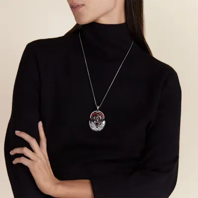 Cygnes Pendant, Large, White Gold, Rose Gold, Garnets, Onyx, Diamonds, Mother-Of-Pearl, Lacquer, Enamel (Special Order)