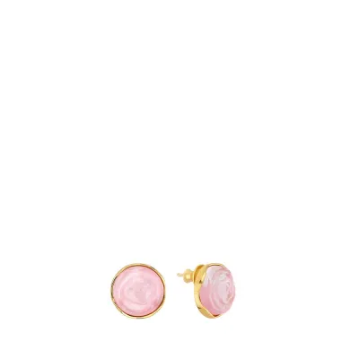 Pivoine Earrings Pink Pearly On Clear Crystal, 18 Carats Yellow Gold Plated