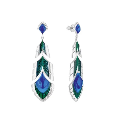 Paon Earrings Blue Crystal And Green Lacquer, Silver