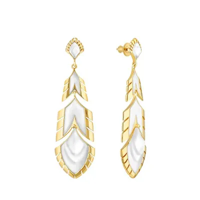 Paon Earrings White Pearly Clear Crystal And White Lacquer, 18K Yellow Gold-Plated