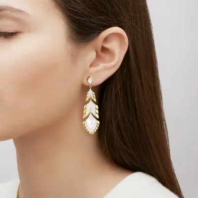 Paon Earrings White Pearly Clear Crystal And White Lacquer, 18K Yellow Gold-Plated
