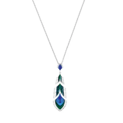 Paon Pendant Blue Crystal And Green Lacquer, Silver