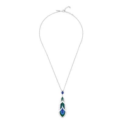 Paon Pendant Blue Crystal And Green Lacquer, Silver