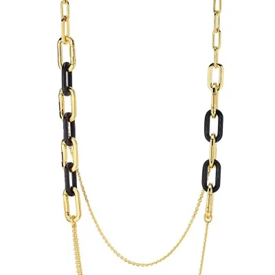 Empreinte Animale Long Necklace, Black Crystal, 18K Yellow Gold Plated Brass