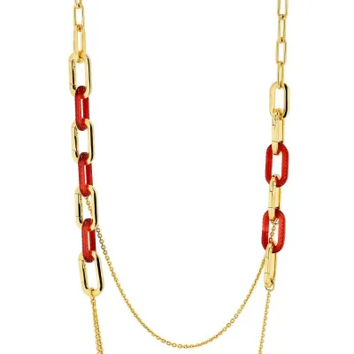 Empreinte Animale Long Necklace, Red Crystal, 18K Yellow Gold Plated Brass