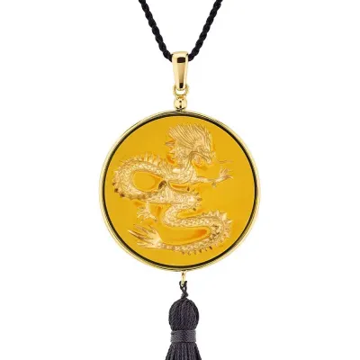 Dragond Tianlong Pendant, Amber Crystal, 18K Yellow Gold Plated Brass