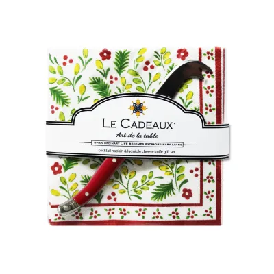 Noel Gift Set Cocktail Napkins (Pack Of 20) With Laguiole Mini Cheese Knife (Red)
