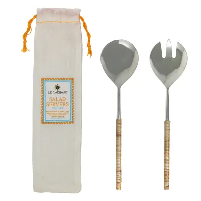 Gift Set -Salad Servers With Natural Rattan Handles In Cotton Gift Bag