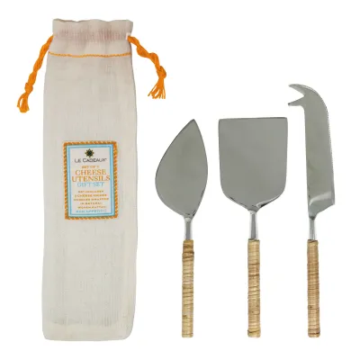 Gift Set - 3 Cheese Utensils With Natural Rattan Handles In Cotton Gift Bag