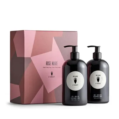 Rose Noire Hand and Body Soap + Lotion Gift Set Box: 7.75 x 8.5 x 3.25˝/20 x 22 x 8cm; Each Bottle: 17oz/500ml