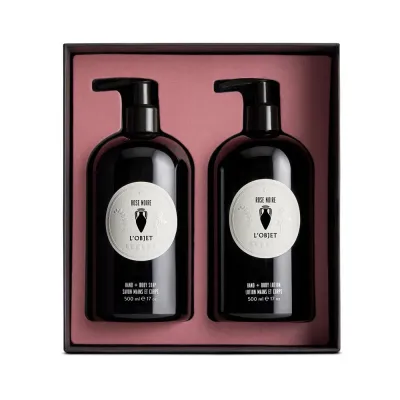 Rose Noire Hand and Body Soap + Lotion Gift Set Box: 7.75 x 8.5 x 3.25˝/20 x 22 x 8cm; Each Bottle: 17oz/500ml