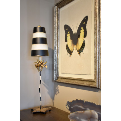 Black & White Striped Shaded La Fleur Buffet Table Lamp with Distressed Gold Accents
